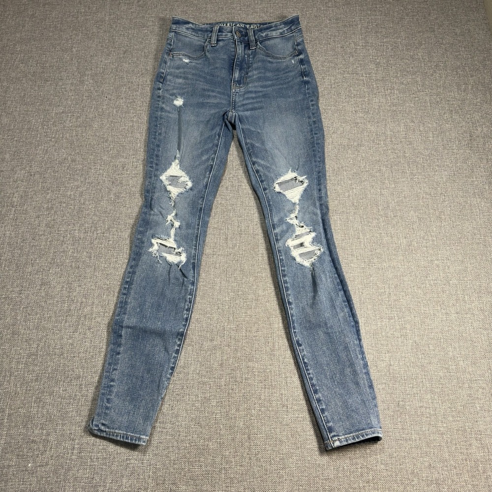 American Eagle Super High Rise Jeggings Distressed Women Blue Jeans Size 00